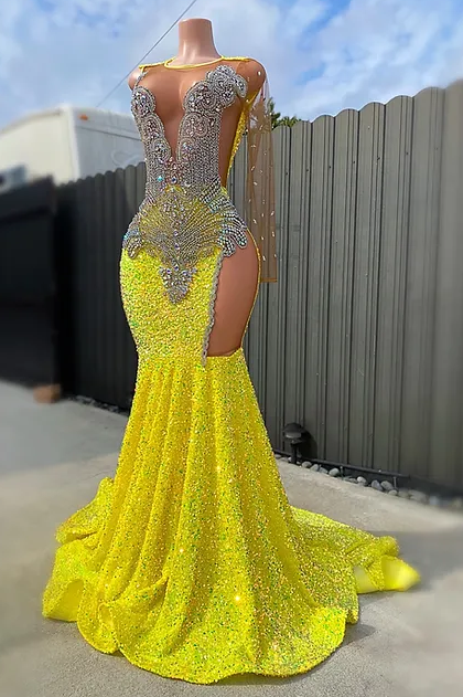 Glamorous Round neck Silver Beaded Long Mermaid Yellow Sequin Prom Party Dresses - Fashionpara