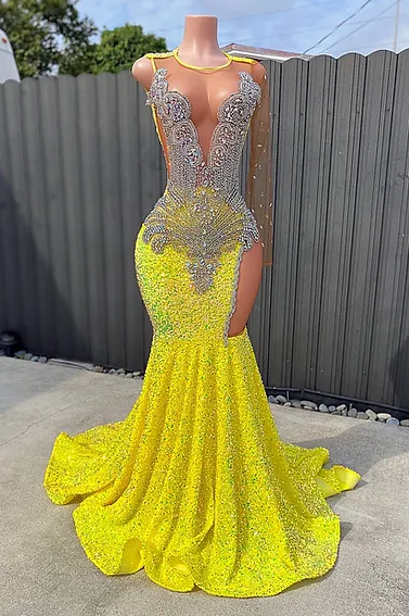 Glamorous Round neck Silver Beaded Long Mermaid Yellow Sequin Prom Party Dresses - Fashionpara