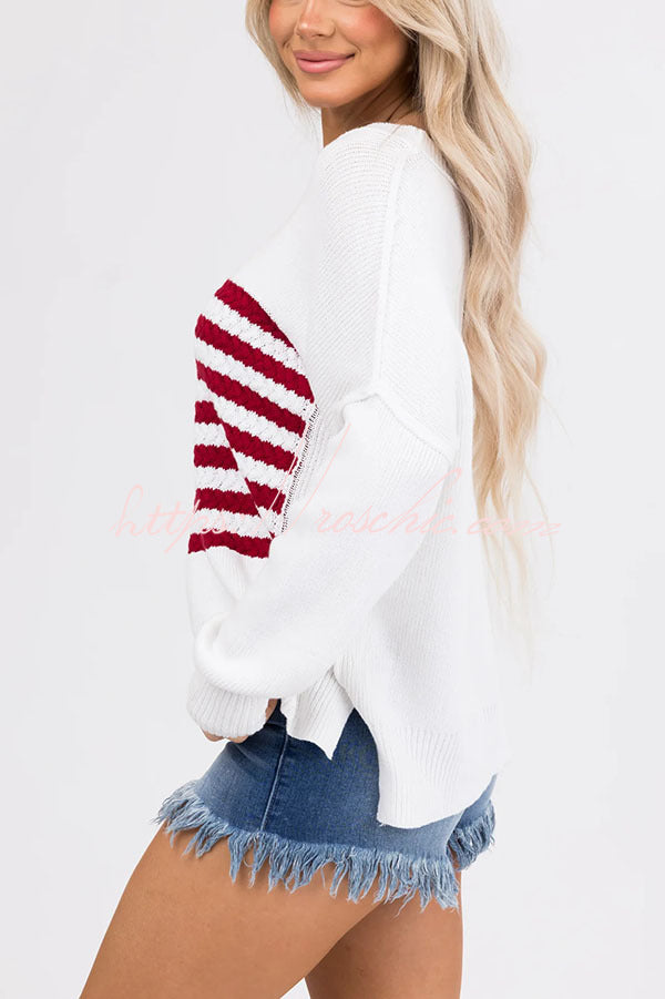 Independence Day Patchwork Long Sleeved Crew Neck Knitted Sweater