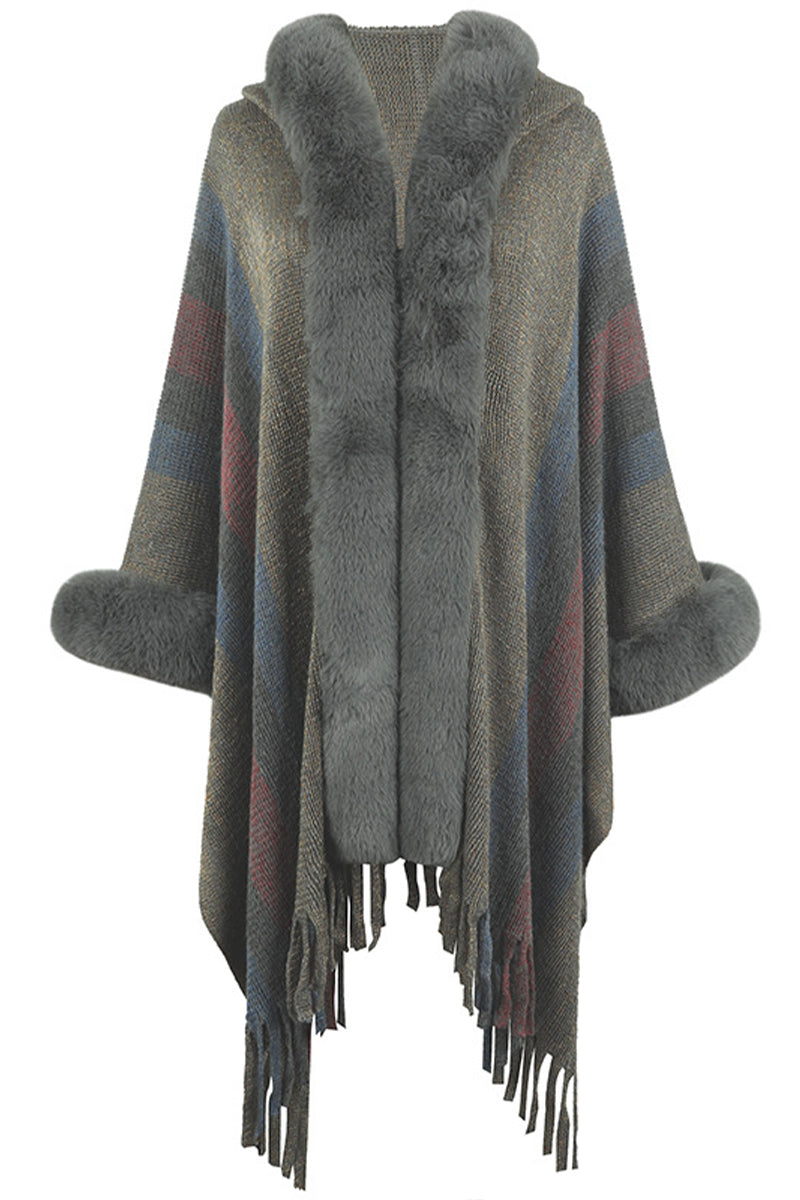 Hooded Multicolor Striped Fur Collar Fringed Knit Shawl Sweater