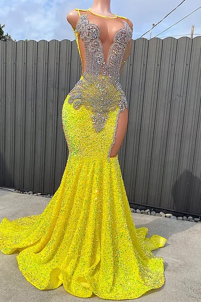 Glamorous Round neck Silver Beaded Long Mermaid Yellow Sequin Prom Party Dresses - Fashionpara