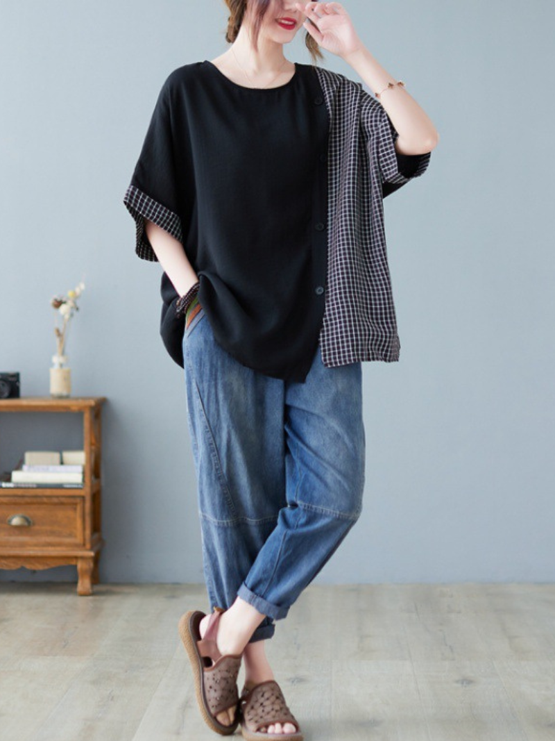 Black Short Sleeve Button Down Oversized Tops Casual Work Top