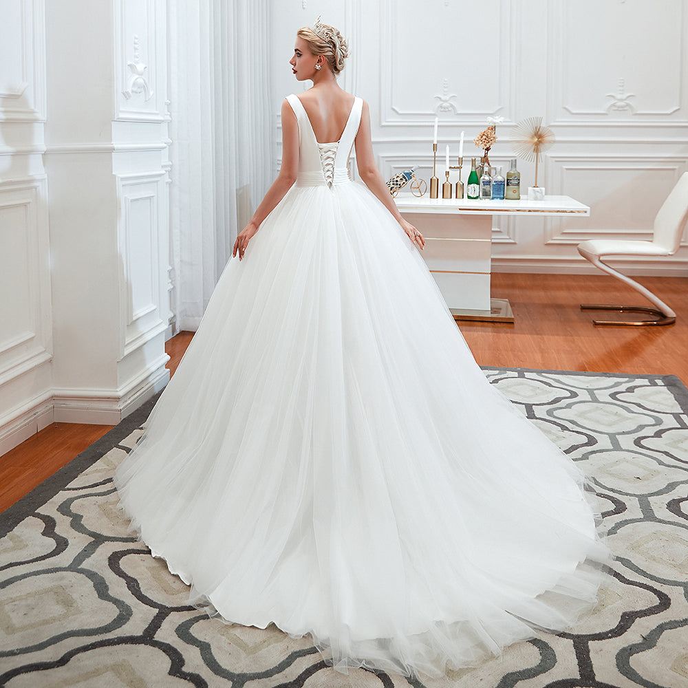 Wide Strap Deep V-Neck Floor-Length A-Line Bridal Gown with Tulle