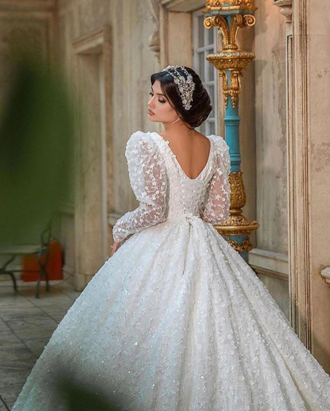 A-Line Deep V-Neck Long Sleeve Train Bridal Gown with Lace Appliques