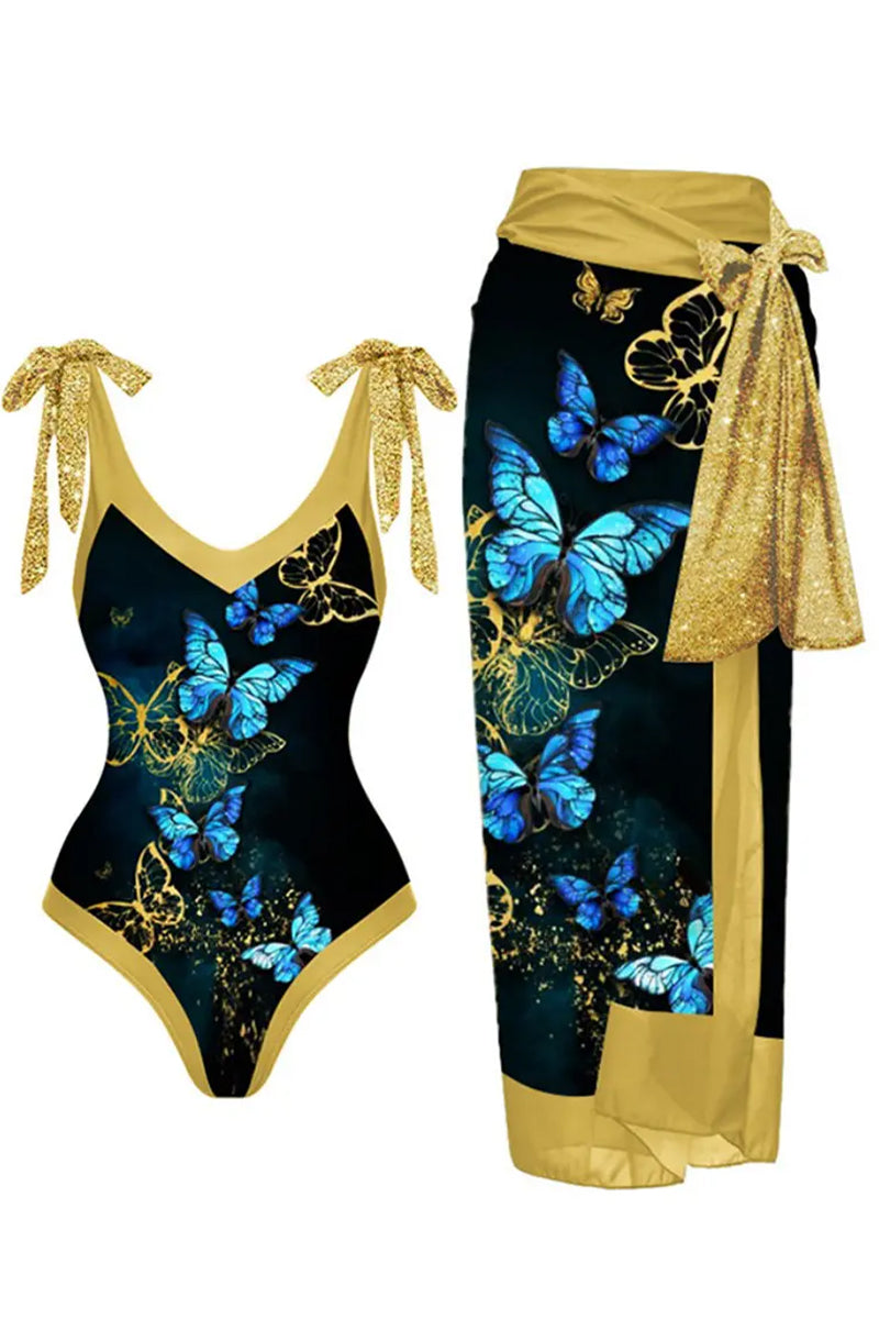 Butterfly Print Deep V-Neck One Piece Swimsuit With Cover Up