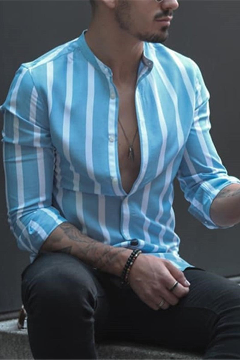 Men's Stand Up Collar Striped Shirt