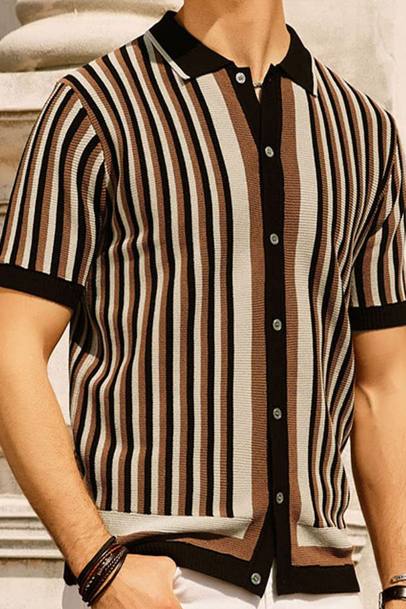 Summer Men's Business Casual Striped Polo Collar Short Sleeve Cardigan