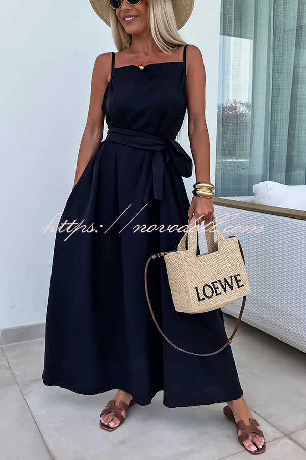 Long Story Solid Color Belted Pocket A-line Breathable Maxi Dress - Fashionpara