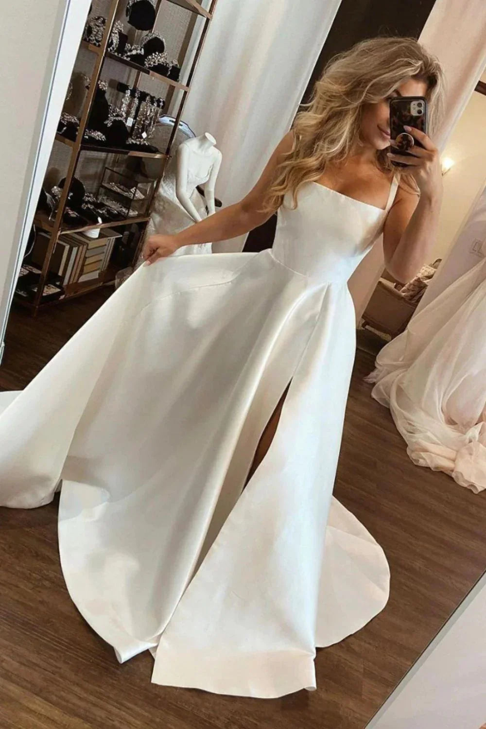 A Line Square Neck White Wedding Dress with Split Front