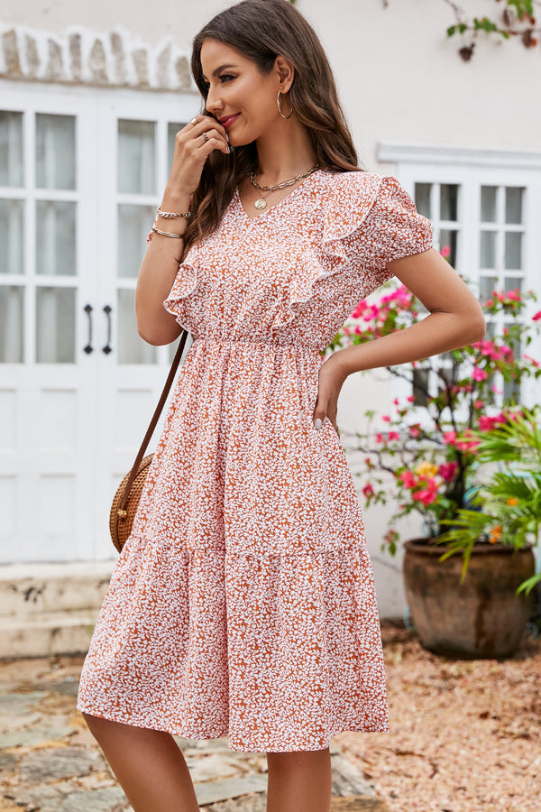 Ruffled Floral Print Short Sleeves Midi Dress