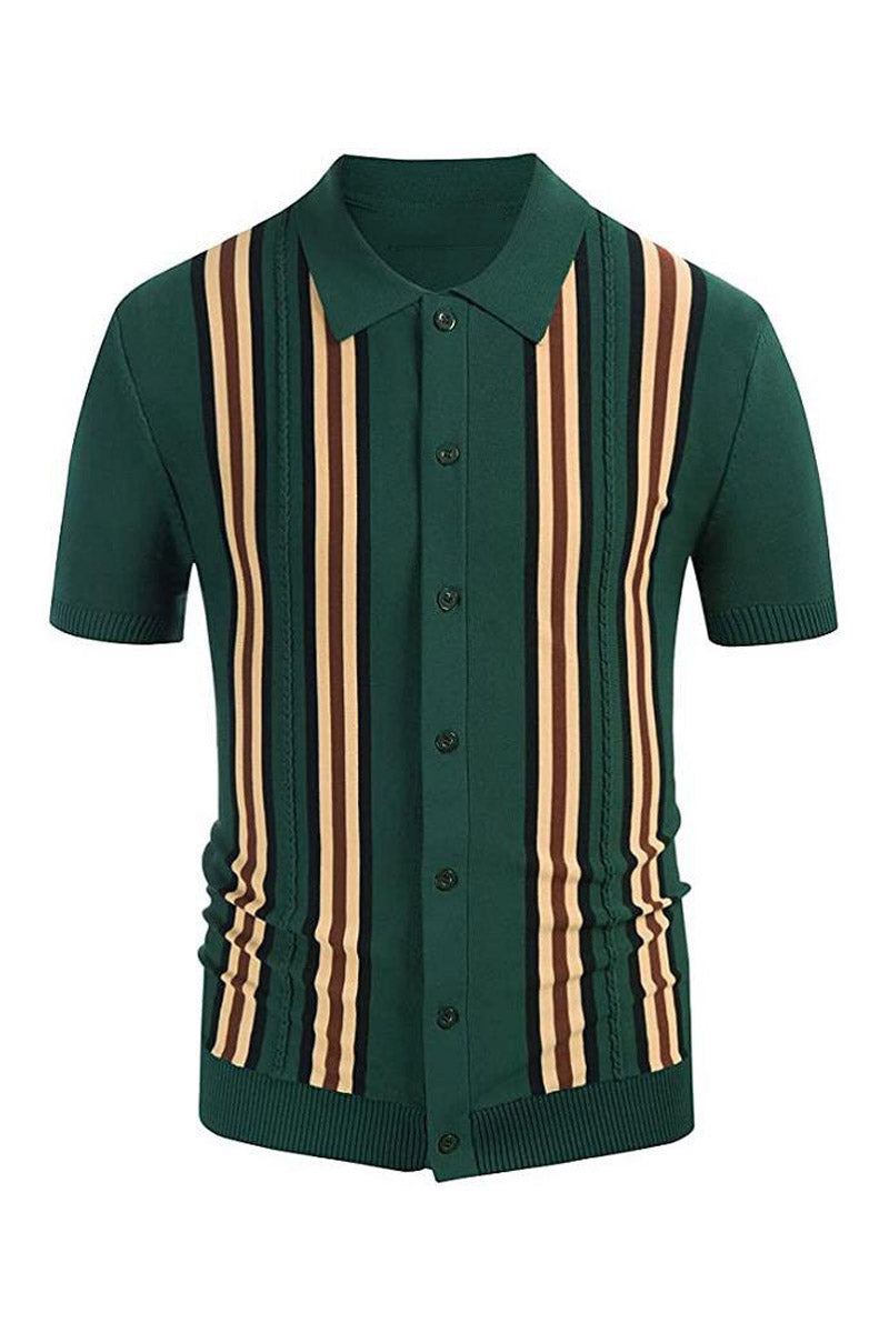 Men's Green Striped Short Sleeve Polo Shirt