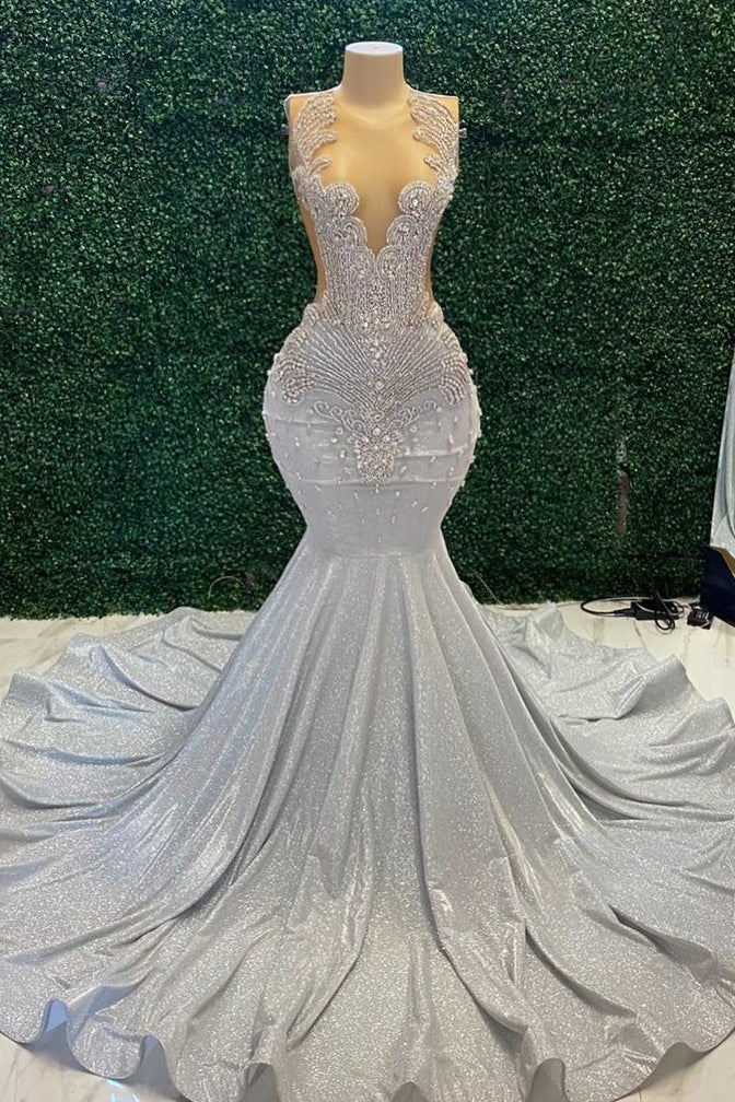 Beautiful Mermaid Sparkle Silver Beaded Long Prom Party Dresses - Fashionpara