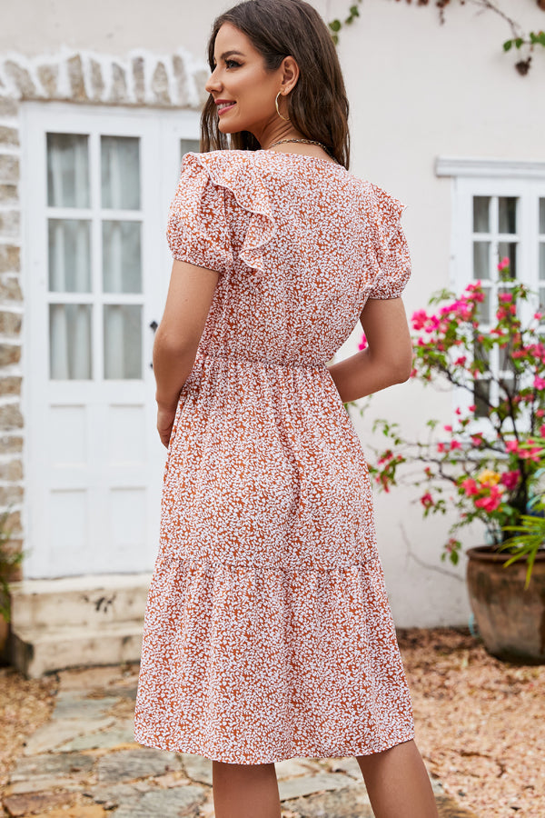 Ruffled Floral Print Short Sleeves Midi Dress