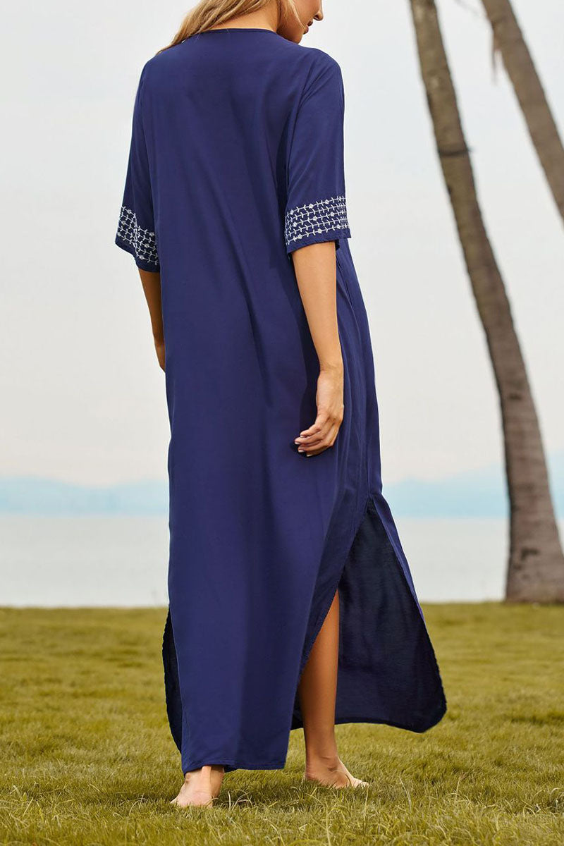 Beach Vacation Embroidered Round Neck Slit Cover Up Dress