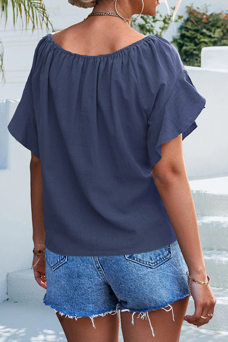 Knot Front Ruffle Sleeve Casual Tops