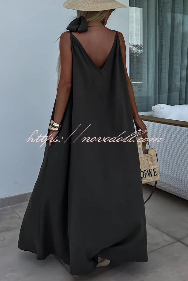 Long Story Solid Color Belted Pocket A-line Breathable Maxi Dress - Fashionpara