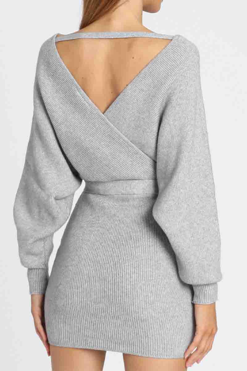 V Neck Knit Sweater Dress（3 Colors）