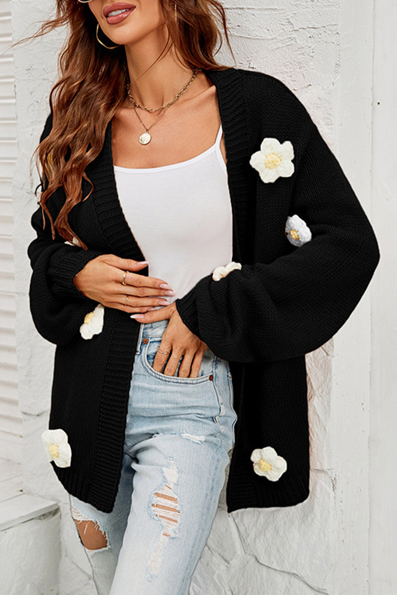 Knitted Flower Balloon Sleeve Cardigan Sweater