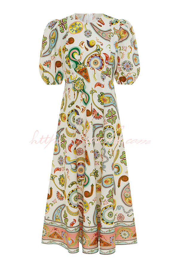 Trip Ready Linen Blend Unique Print Puff Sleeve Wavy Midi Dress - Fashionpara