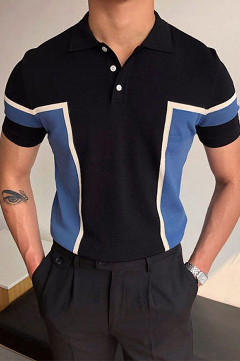 Fashion Contrast Colors Short Sleeve  Knitted Polo Shirt