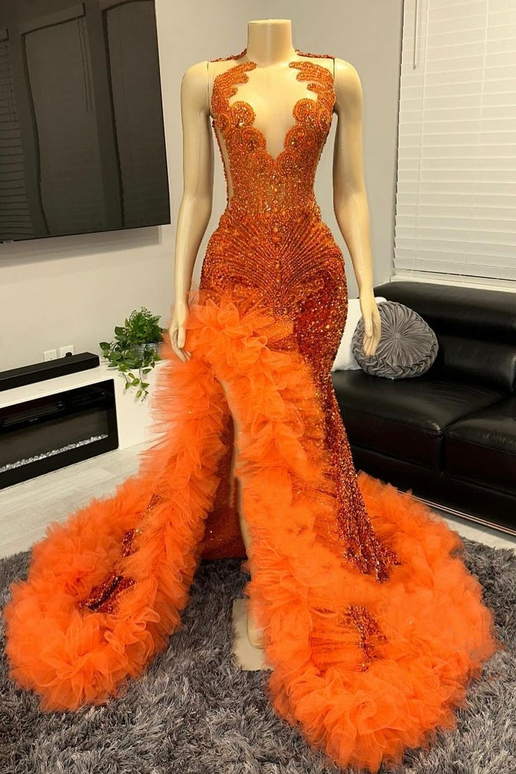 Designer V-neck Orange Beaded Tulle Ruffles Sequined Long Prom Party Dresses - Fashionpara