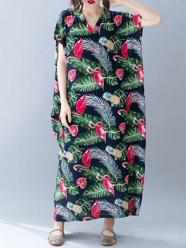 Palm Leaves & Flamingo Plus Size Kaftan Dress - Fashionpara