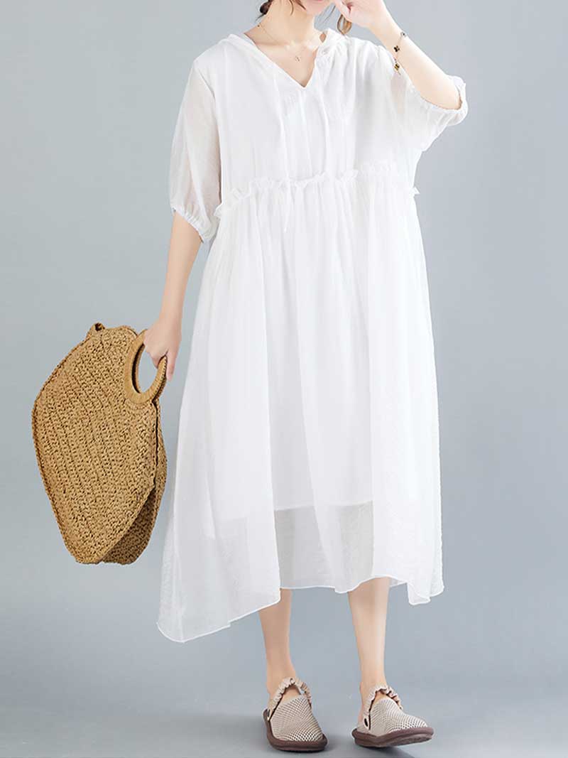 Plain Cotton Short Sleeves Hooded Style A-Line Dress - Fashionpara