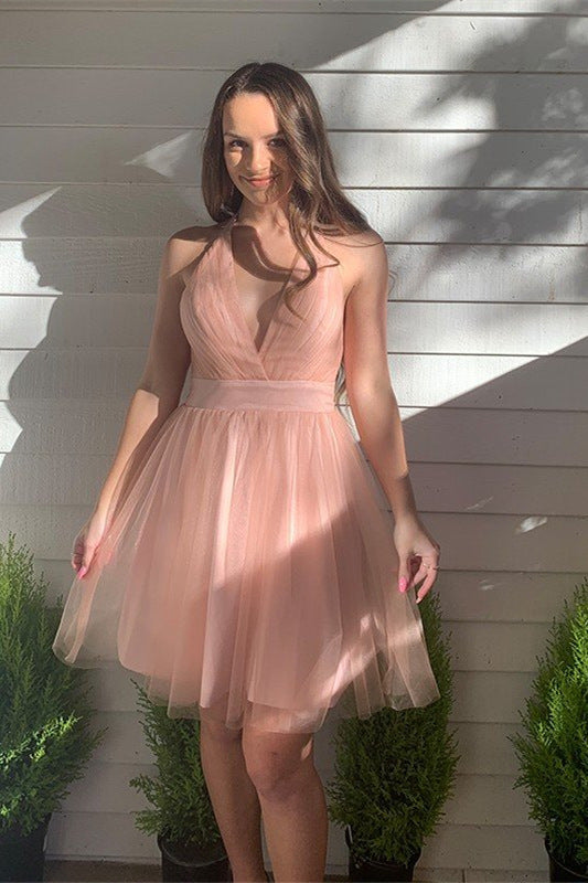 Winifred A-Line Blush Deep V-Neck Tulle Homecoming Dress