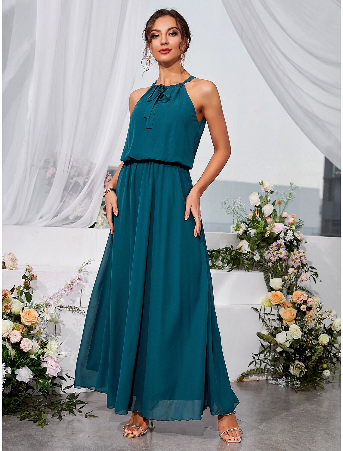 A-Line Wedding Guest Dresses Elegant Dress Holiday Ankle Length Sleeveless Halter Lace with Strappy