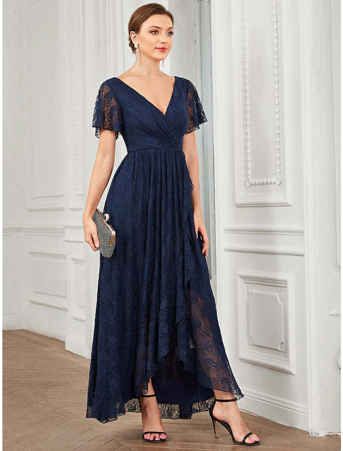 A-Line Wedding Guest Dresses Elegant Dress Holiday Asymmetrical Short Sleeve V Neck Lace with Appliques