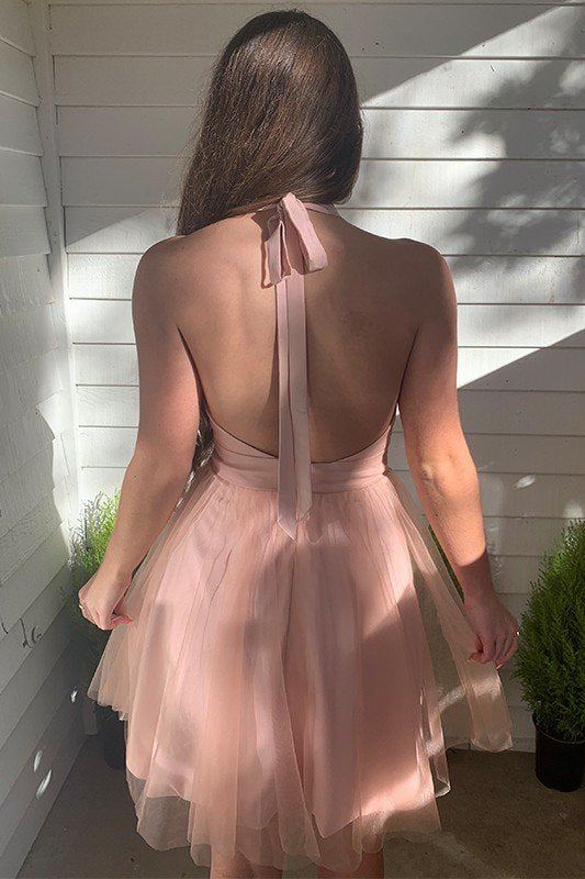 Winifred A-Line Blush Deep V-Neck Tulle Homecoming Dress