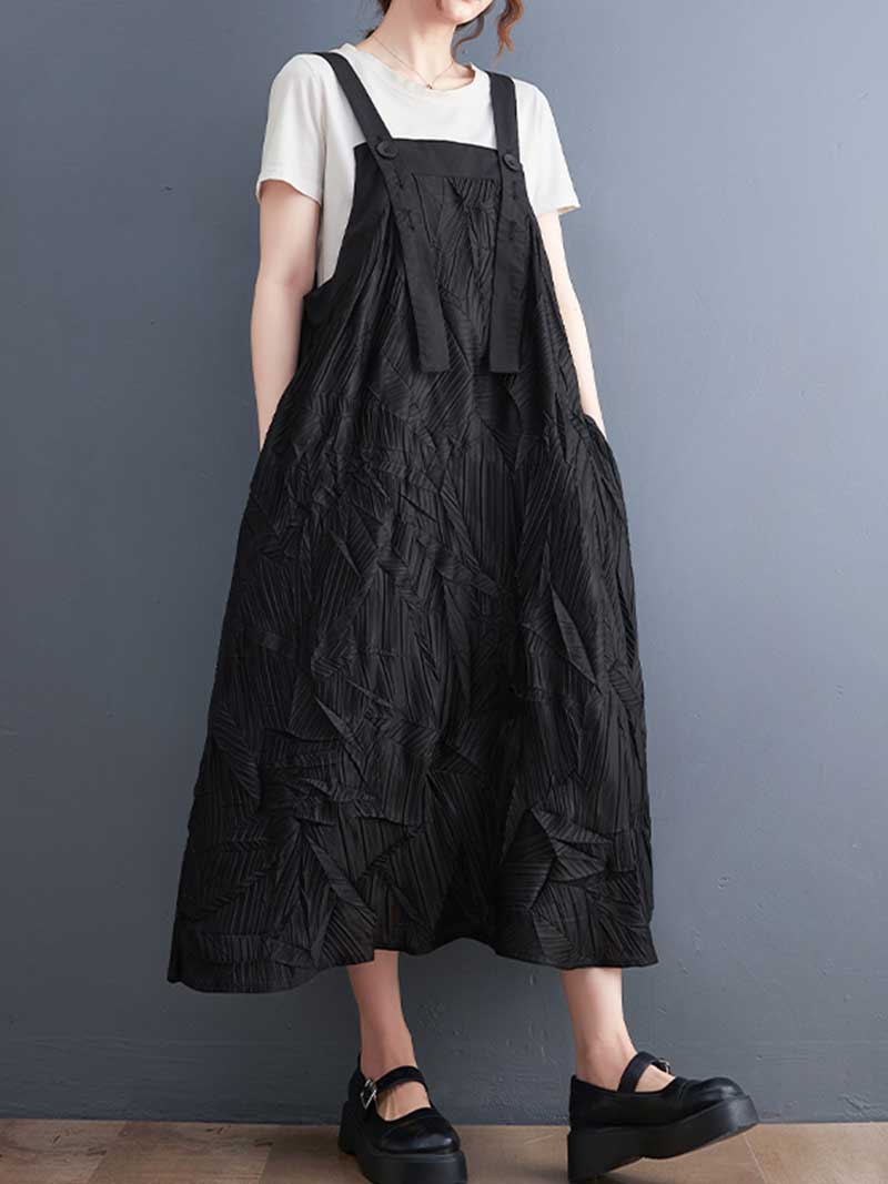 Pleated Cotton Black Color  Salopette Dress - Fashionpara