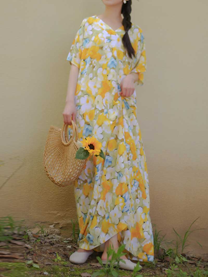 Cotton Yellow Floral Print Kaftan Dress - Fashionpara