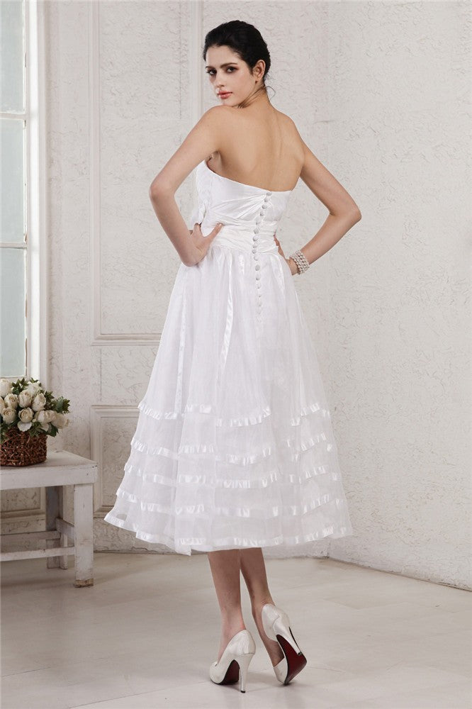 A-Line Taffeta Strapless Sleeveless Tea-Length With Hand-Made Flower Wedding Dresses