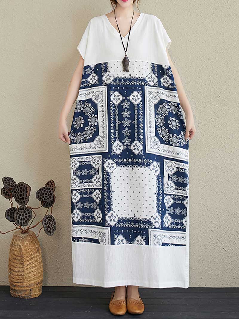 Printed White Short Sleeves Kaftan Dress - Fashionpara