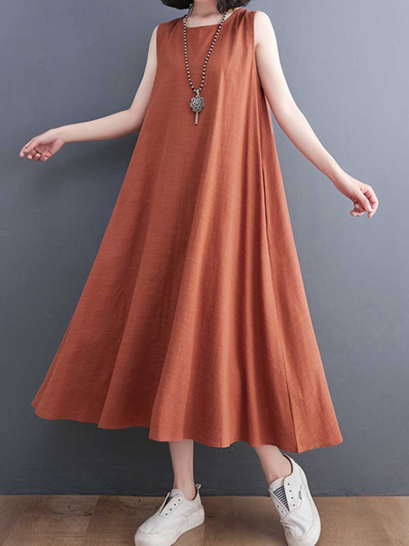 Plain Cotton Round Neck Sleeveless Midi Dress - Fashionpara