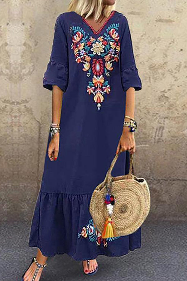 V-neck Embroidered Swing Dress