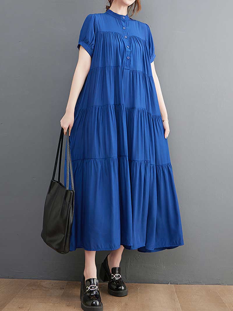 Cotton Short Sleeve Blue Color A-Line Dress - Fashionpara