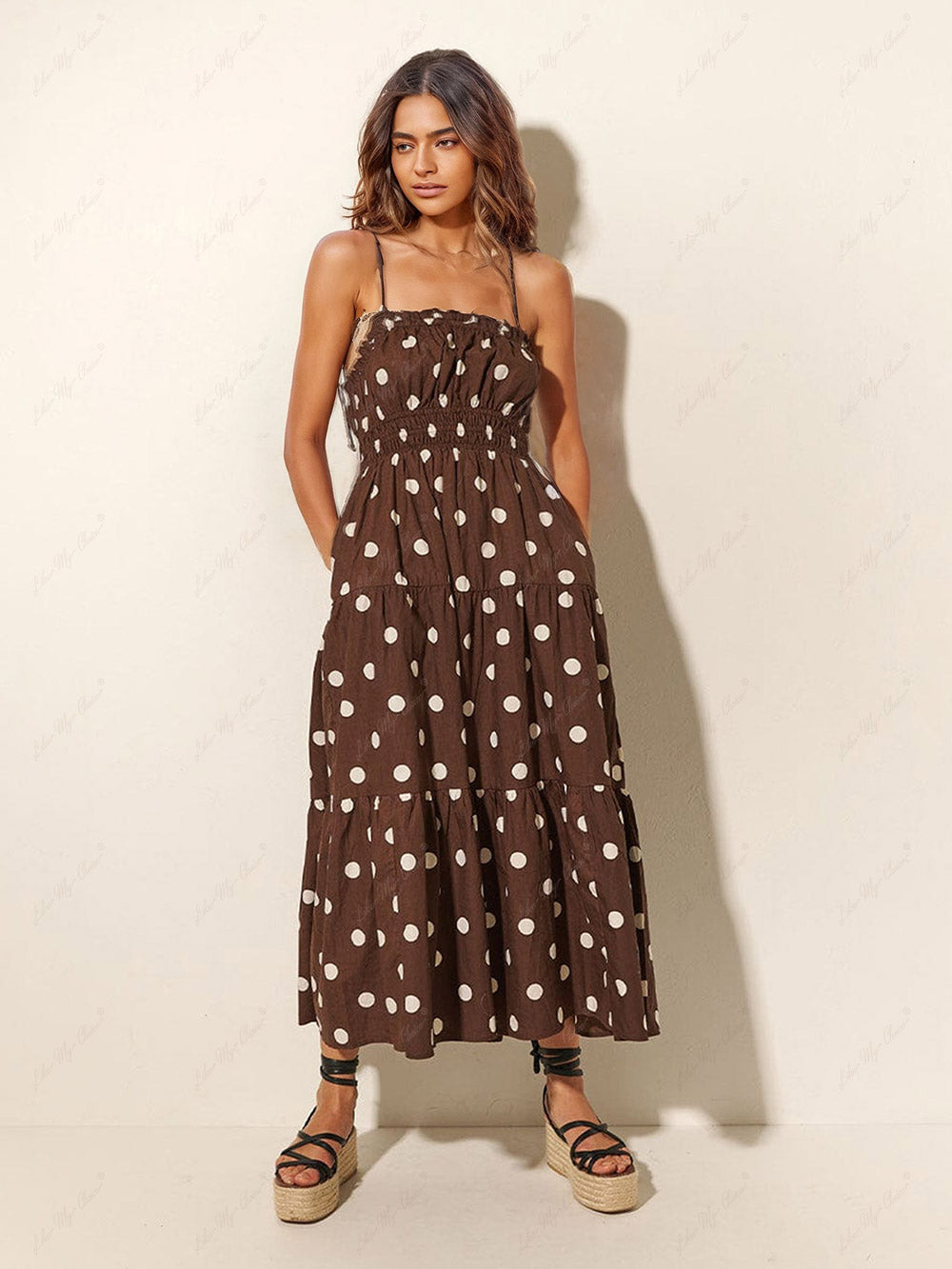 Chocolate And Ivory Polka Dot Print Pleated Elastic Strap Dress - Fashionpara