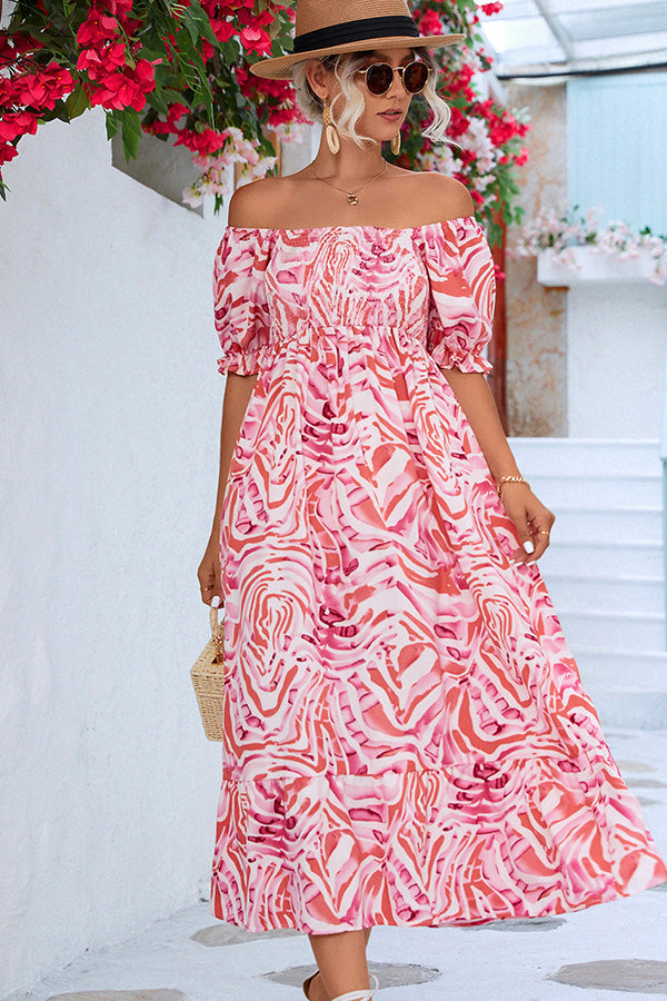 Smocked Print Off The Shoulder Midi Dress