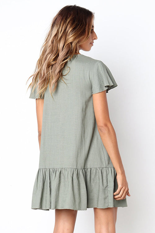 Button-up V-neck Ruffle Mini Dress - 4 Colors