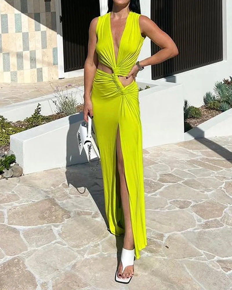 Sexy Solid Color V-Neck Cutout Slit Dress - Fashionpara