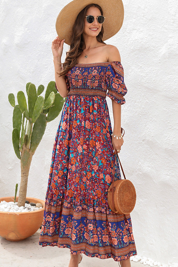 Bohemia Printed Smocked Short Sleeve Maxi Dress