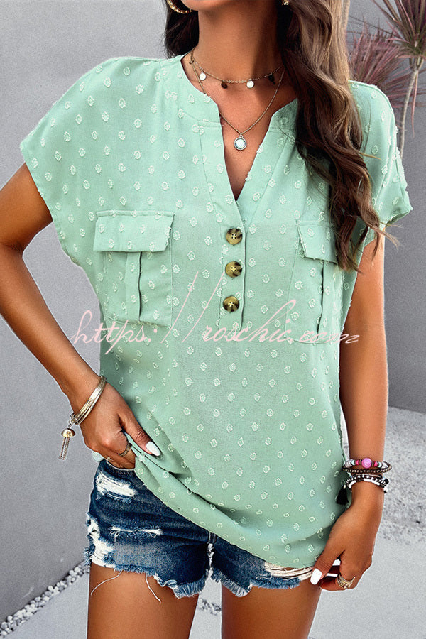 Simple Embroidered V Neck Pocket Button Down Short Sleeved Shirt