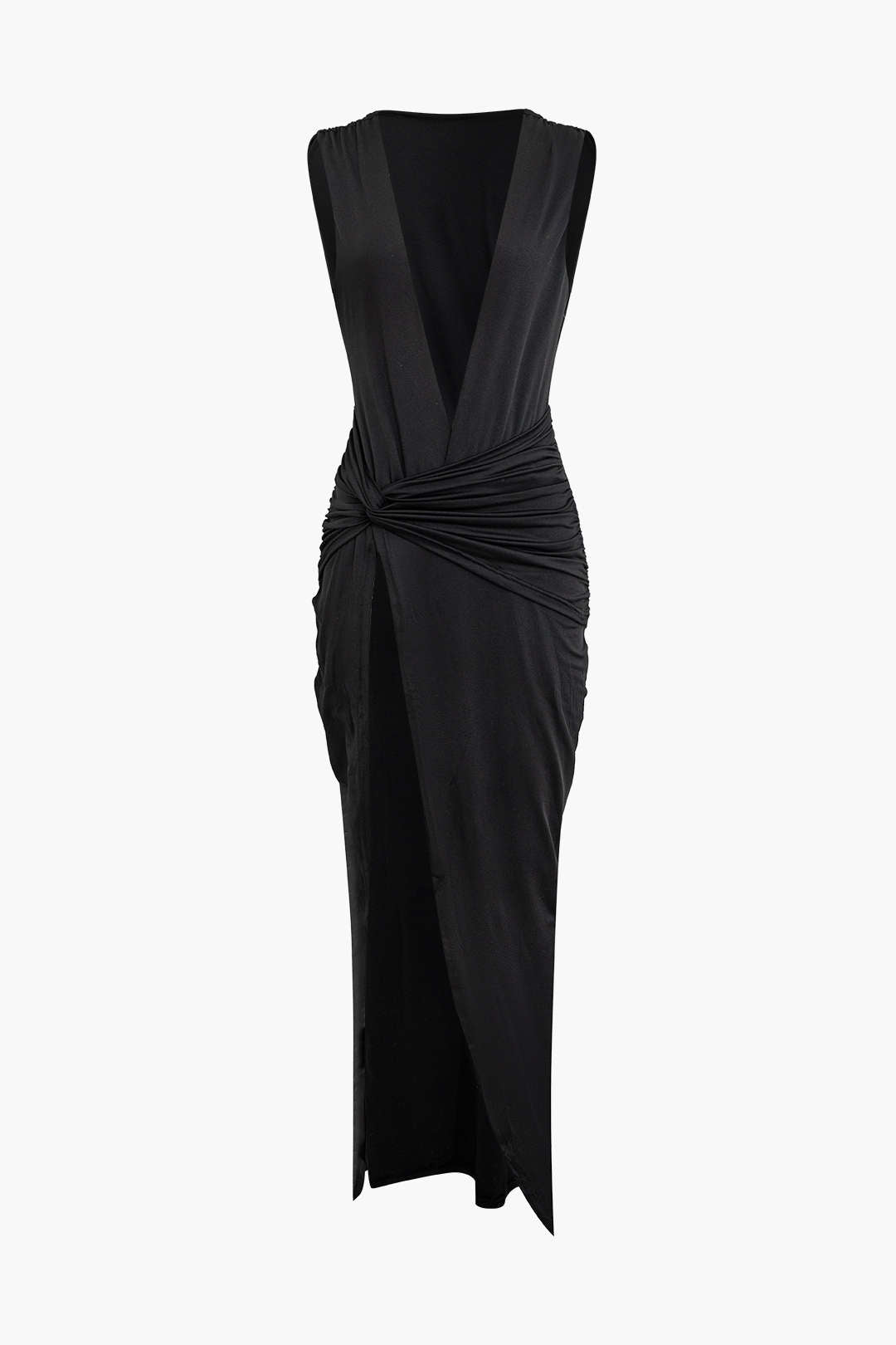 Wrap Ruched Slit Deep V-neck Sleeveless Maxi Dress - Fashionpara