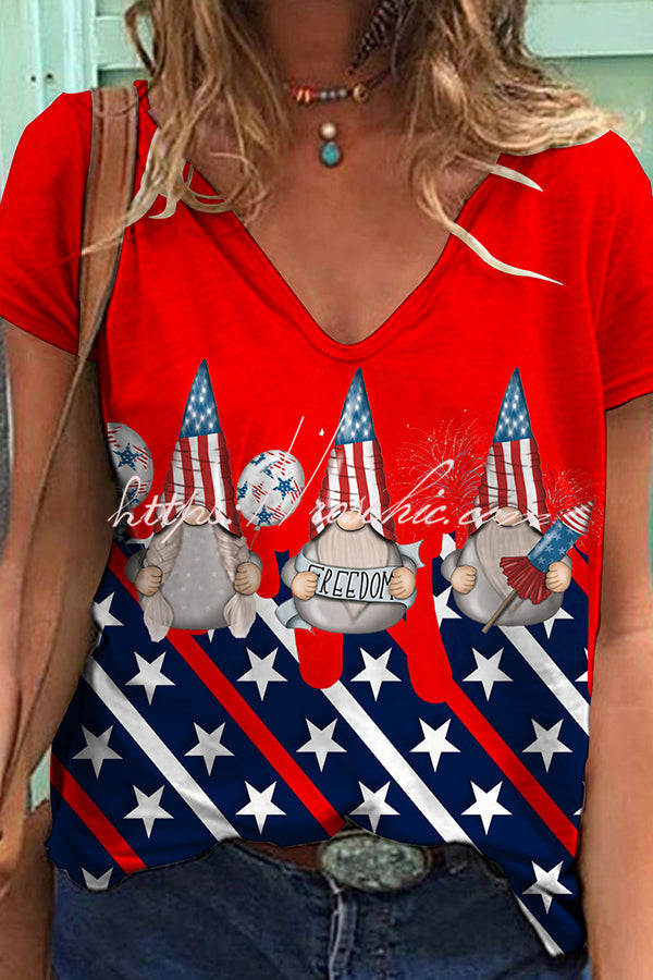 Independence Day Printed V Neck Short Sleeve T-Shirt