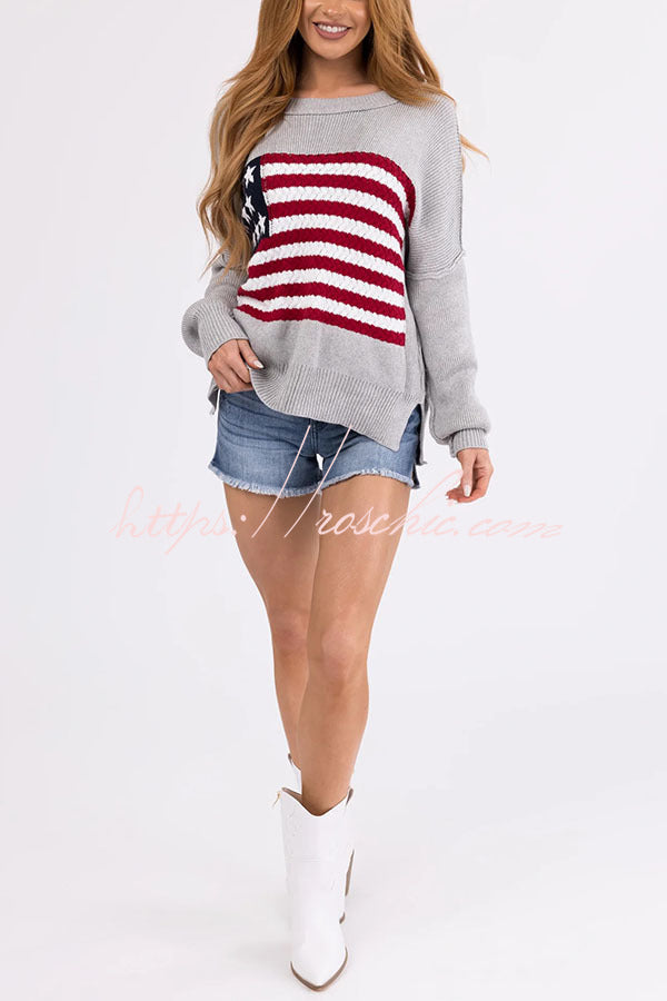 Independence Day Patchwork Long Sleeved Crew Neck Knitted Sweater