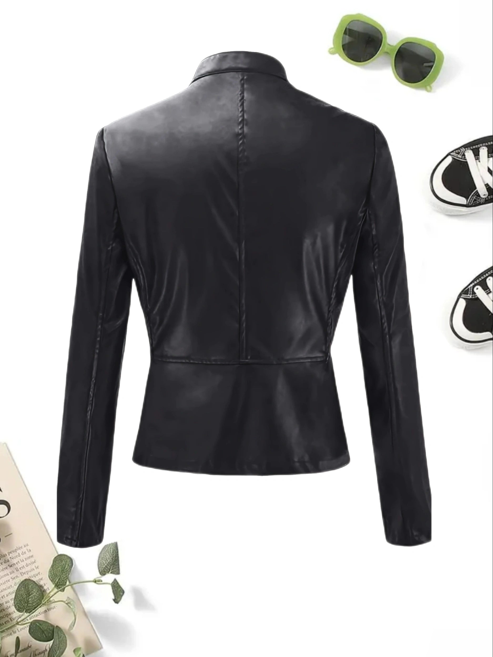 Solid Zipper Front Faux Leather Crop Jacket