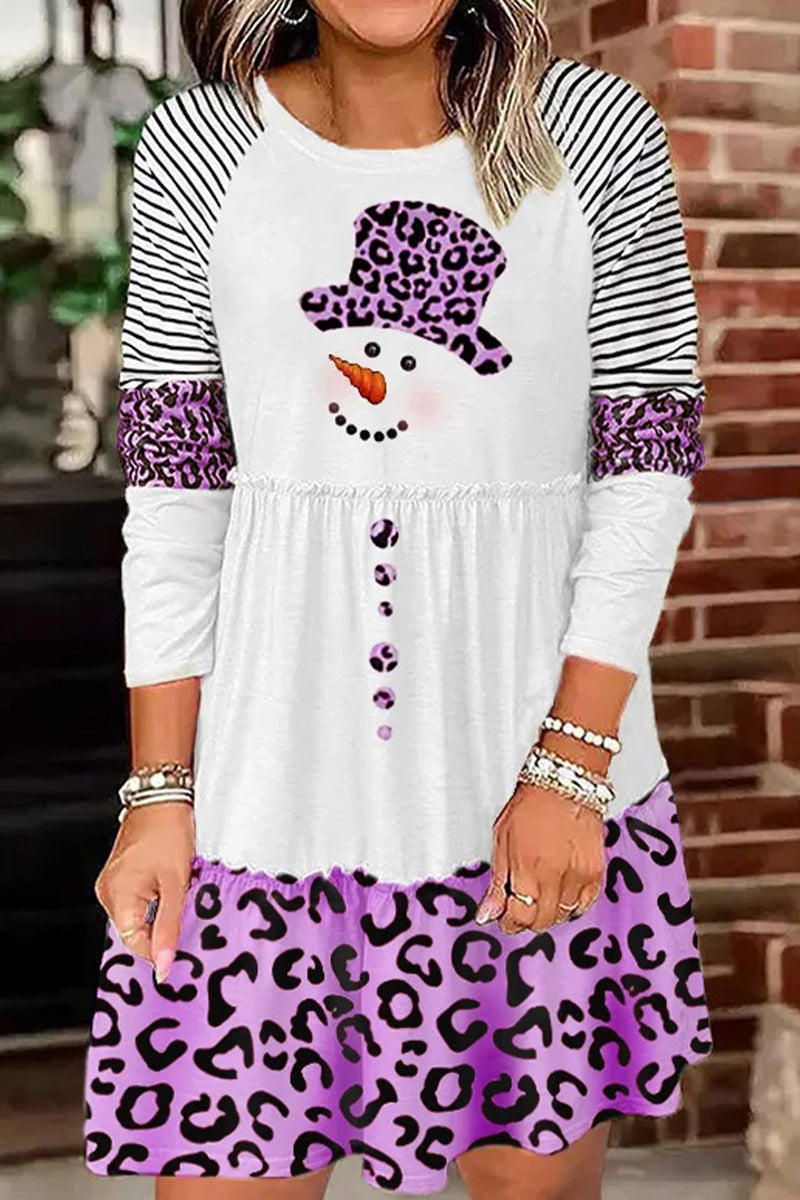 Christmas Snowman Print Long Sleeve Dress