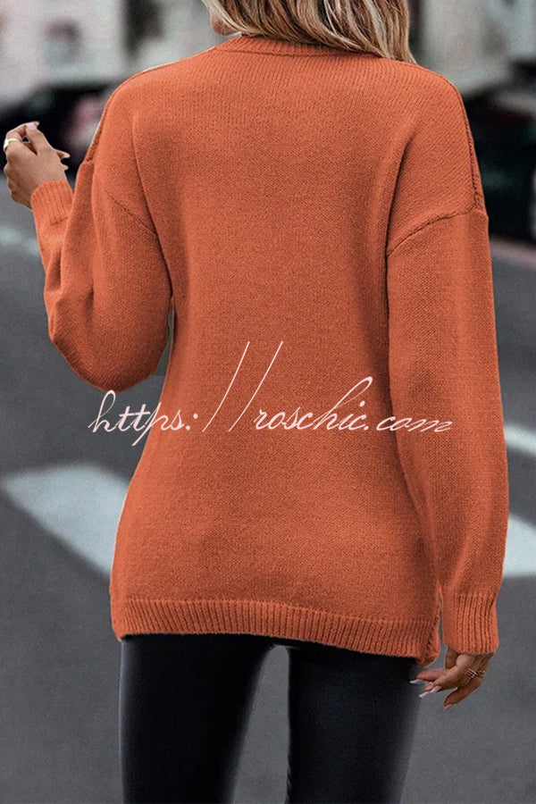 Solid Color V Neck Cross Jacquard Long Sleeved Sweater